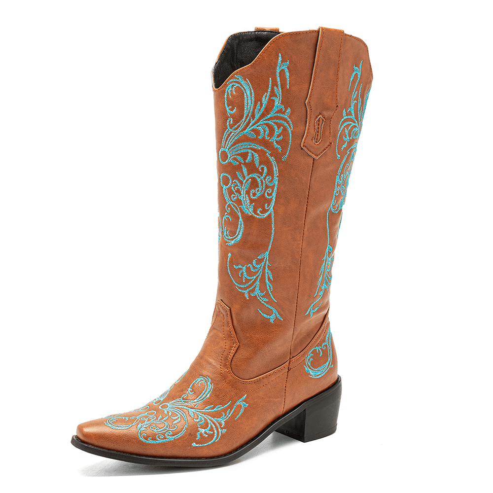 Women Floral Retro Embroidery Leather V-Cut Pointy-Toe Chunky Heel Mid-Calf Knight Boots - MRSLM