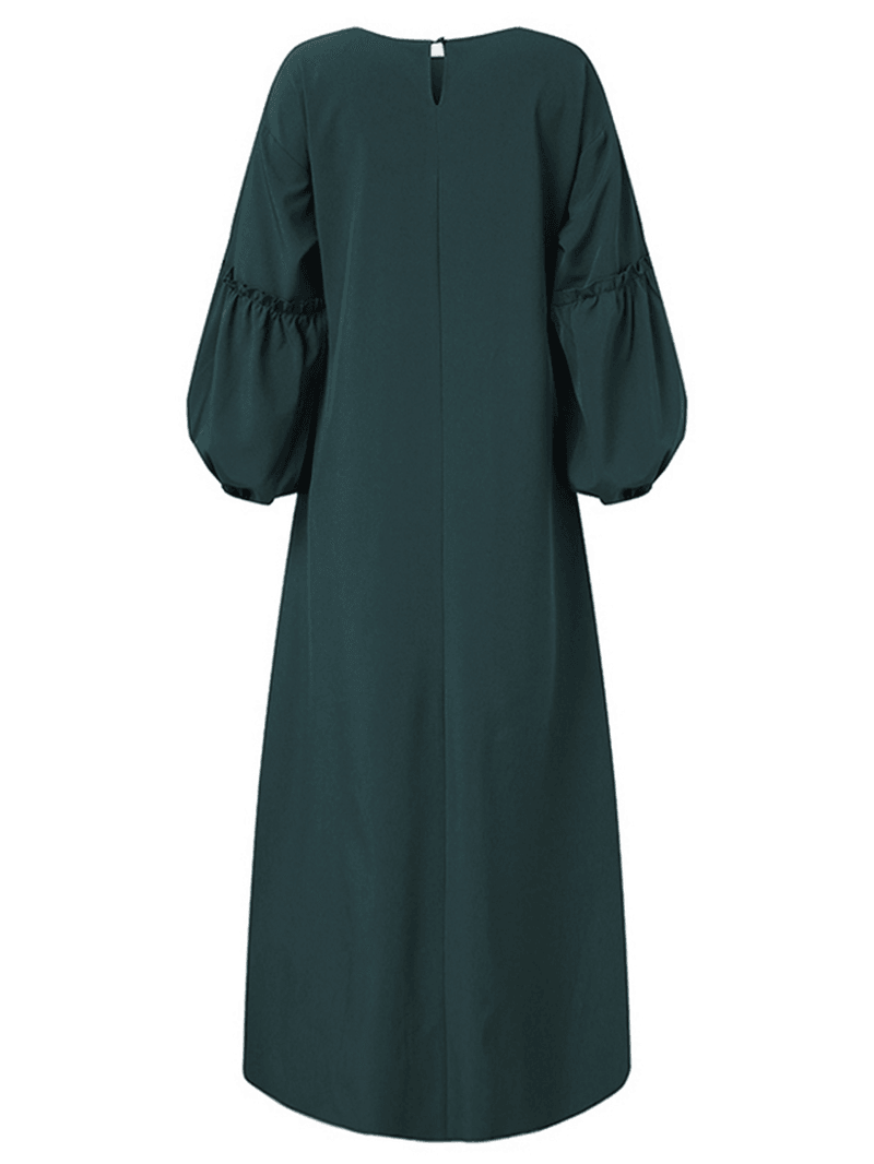 Women Long Sleeve Solid Color Belted O-Neck Button Maxi Dress