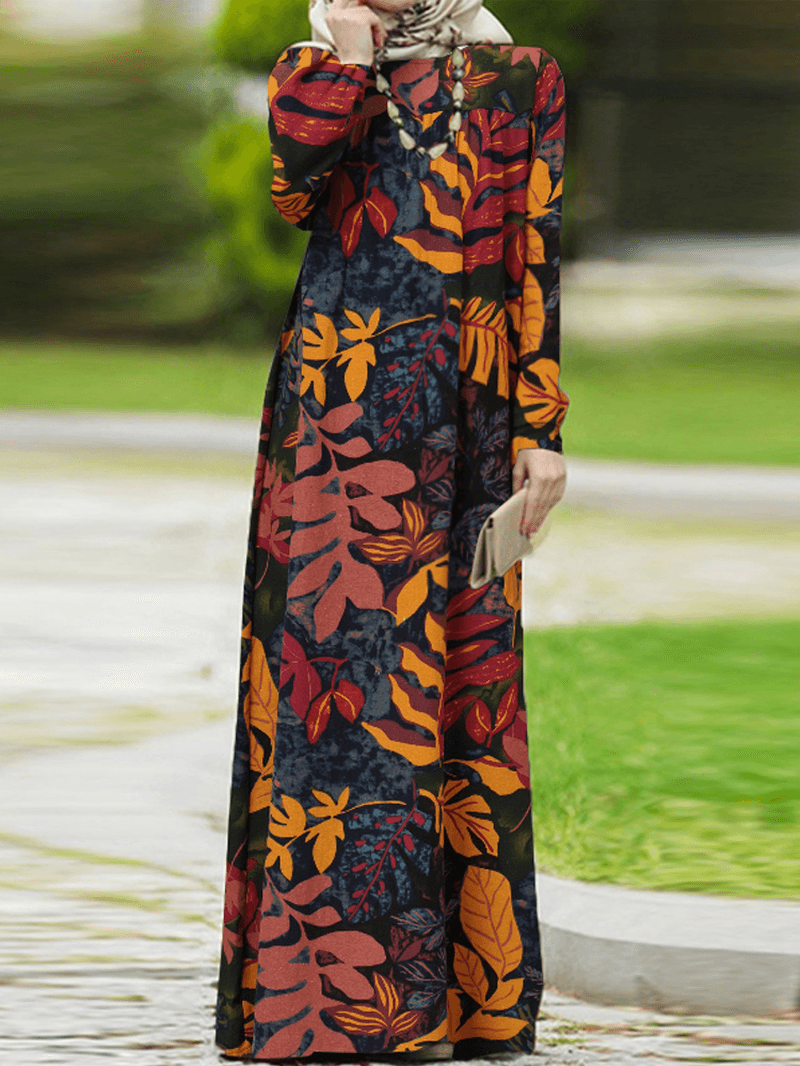 Women Vintage Flowers Print Puff Sleeve Lace-Up Bohemian Maxi Dress