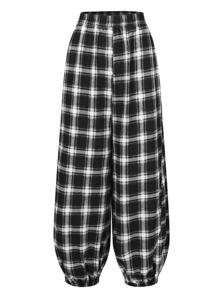 Women Plaid Print Elastic Waist Loose Stylish Beam Feet Pants Harem Pants with Pockets