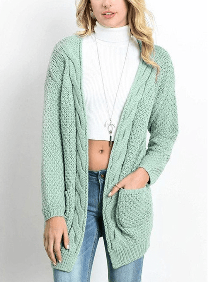 Women Knitted Solid Color Loose Pocket Twisted Cardigans - MRSLM