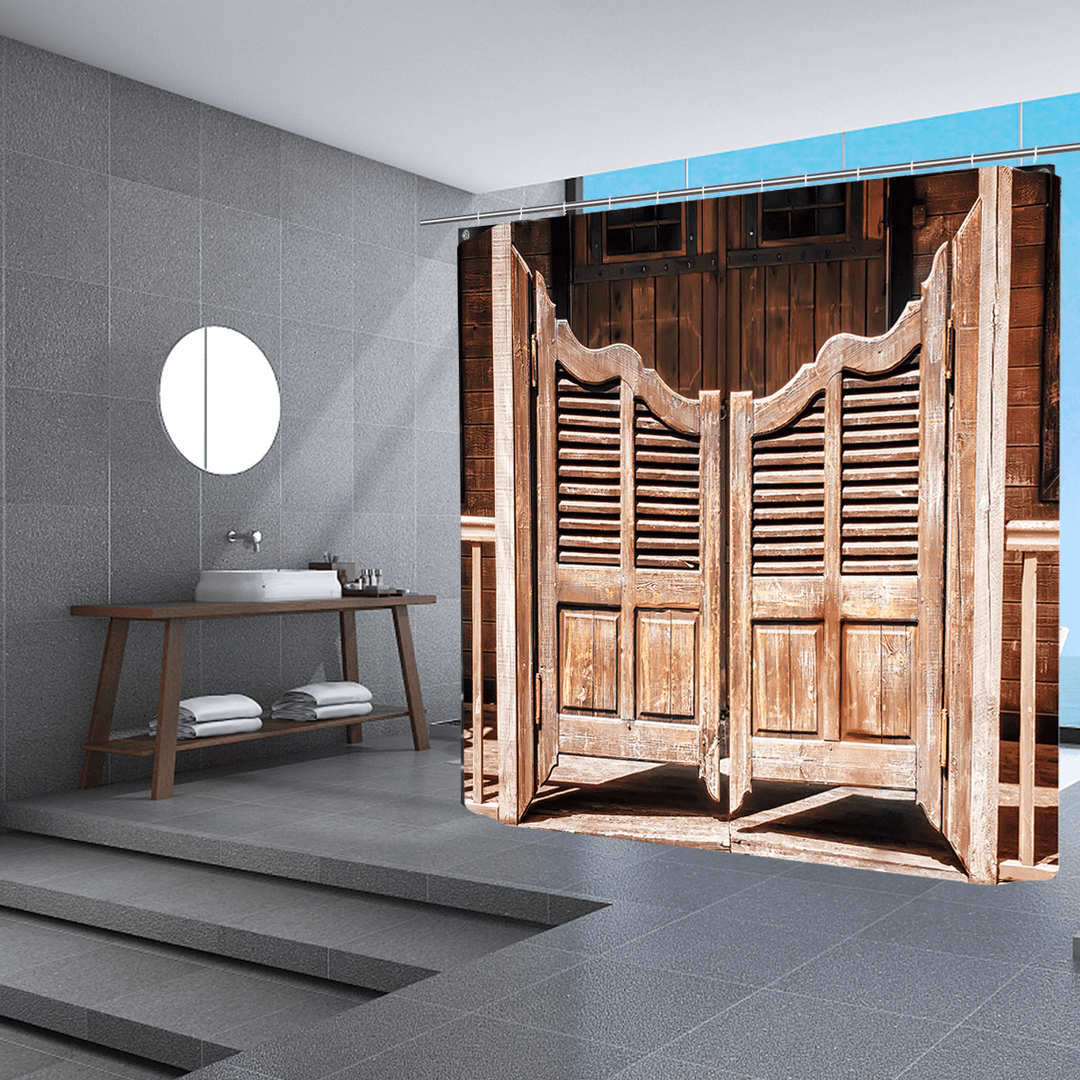 Old Wooden Door Retro Bath Pedestal Rug Lid Toilet Cover Mat Shower Curtain