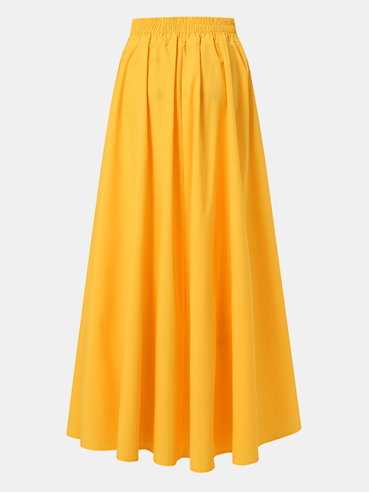 Women Solid Color A-Line Elastic Waist Casual Swing Skirts with Pocket