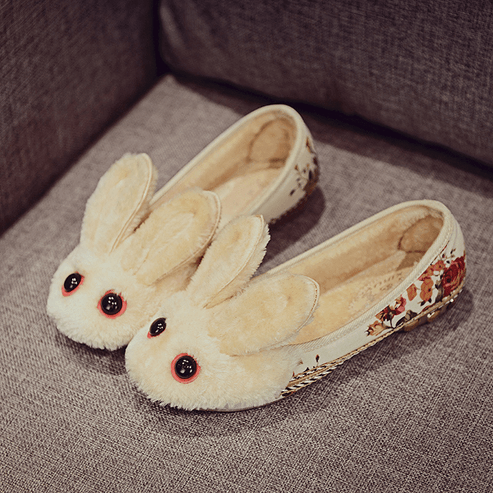 Floral Rabbit Wool Fleece Lining Slip on round Toe Flat Shoes - MRSLM