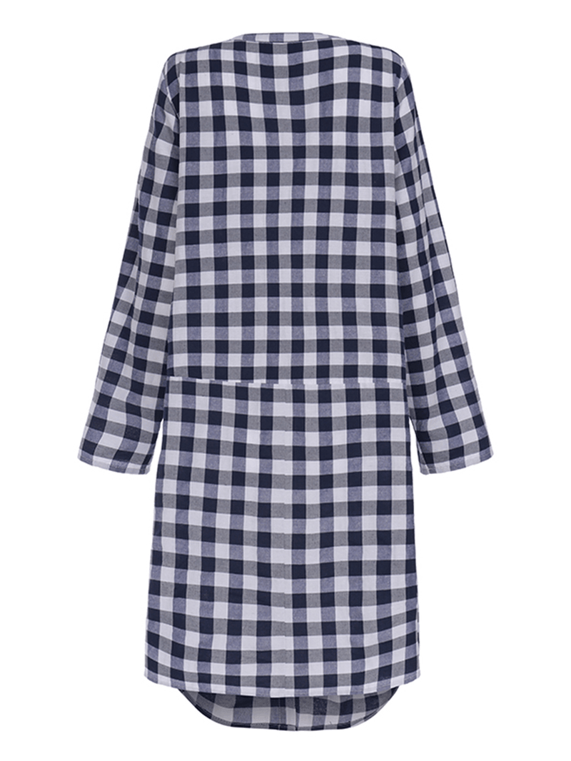 Women Casual Loose Plaid Long Sleeve Button Pockets Dress