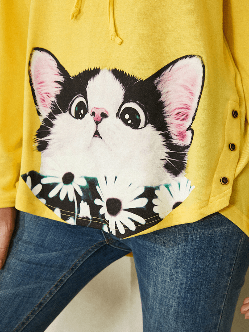 Cartoon Cat Flower Print Side Button Drawstring Curved Hem Pullover Hoodie for Women