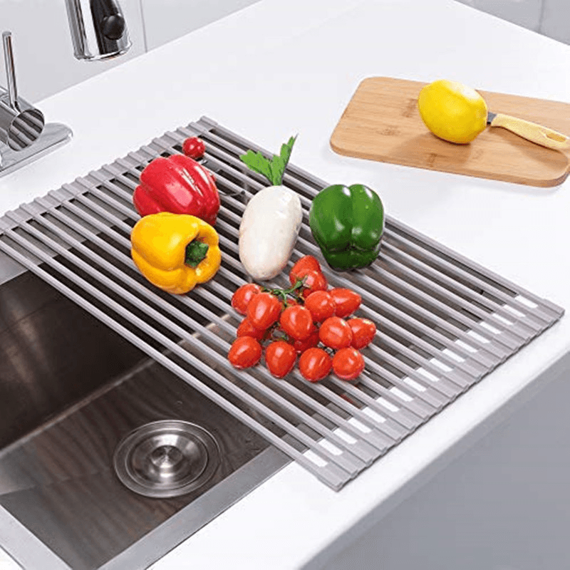 Dish Drying Rack Roll up No-Slip Silicone-Coated Kitchen Multipurpose Sink Drainer Foldable Drain Shelf