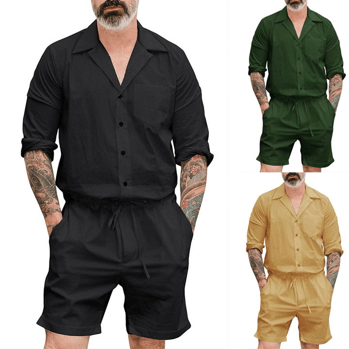 INCERUN Men Solid Color Drawstring Short Jumpsuit