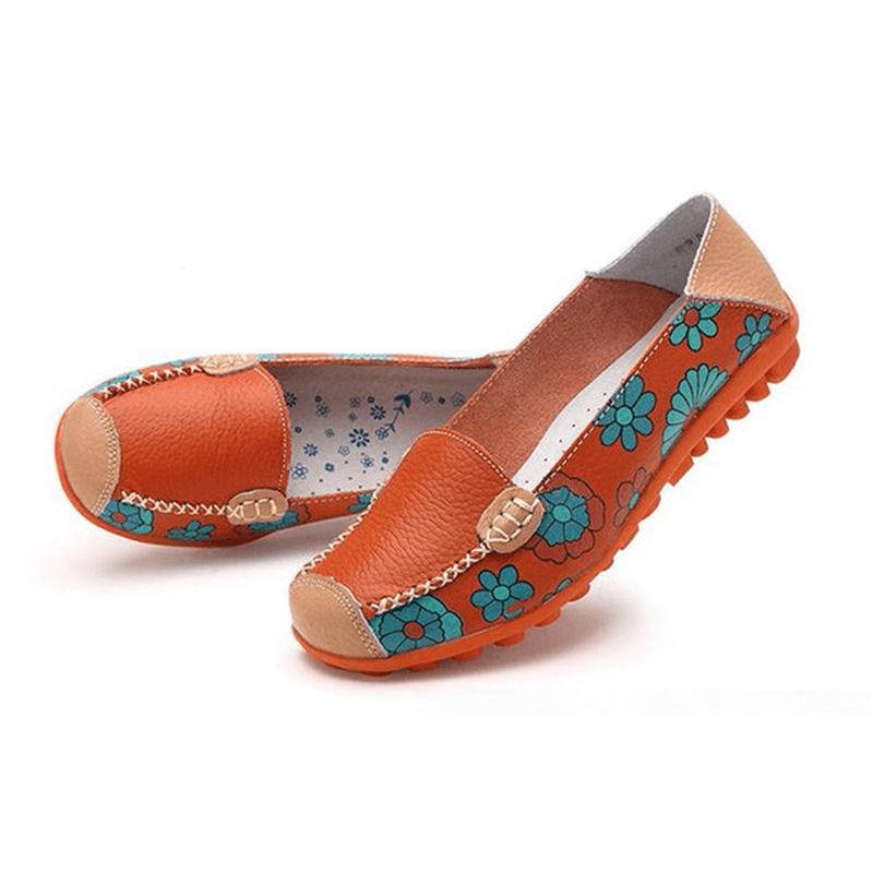 Big Size Women Flower Floral Leather Loafers Moccasins Flats Soft Ballet Shoes round Toe Flats