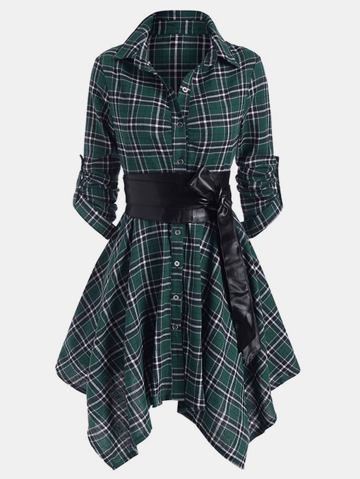 Women Classic Plaid Asymmetrical Shirt Dress with Belt - MRSLM