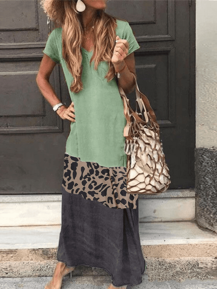 Leopard Print Patchwork Short Sleeve Causal Maxi Dress - MRSLM