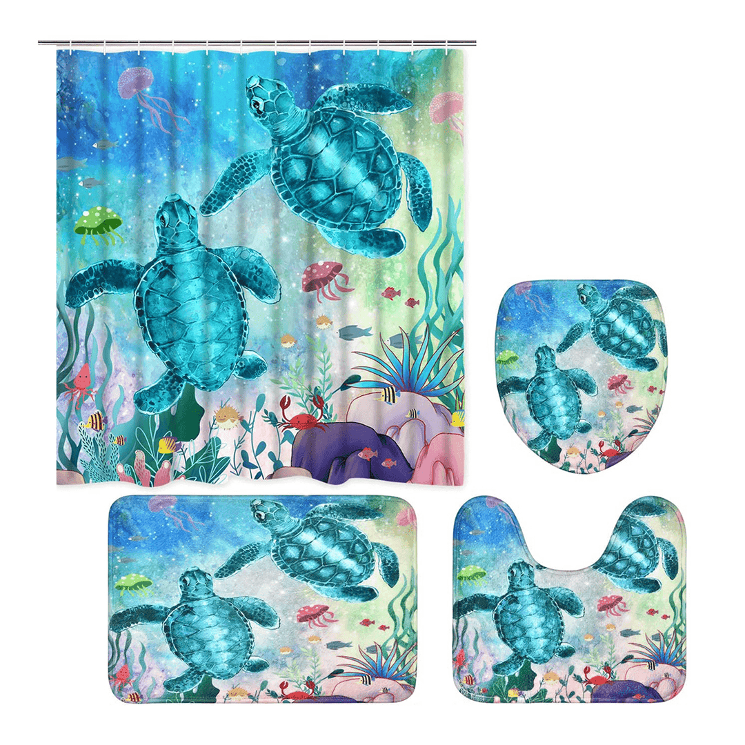 Blue Sea Turtle Shower Curtain 12 Hooks Bathroom Mat Toilet Cover Rug Decor - MRSLM