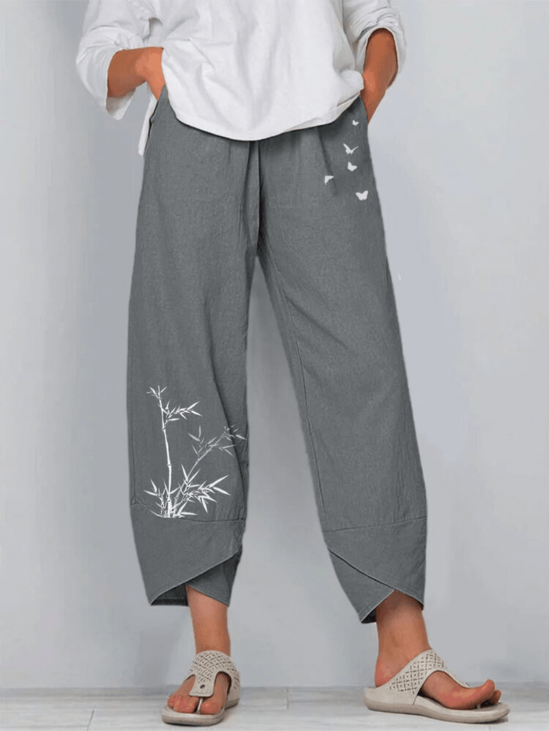 Bamboo Butterfly Print Elastic Waist Loose Irregular Hem Casual Pants for Women