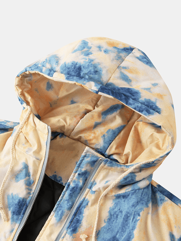 Mens Tie-Dye Double Flap Pockets Zipper Thick Loose Hooded Jacket