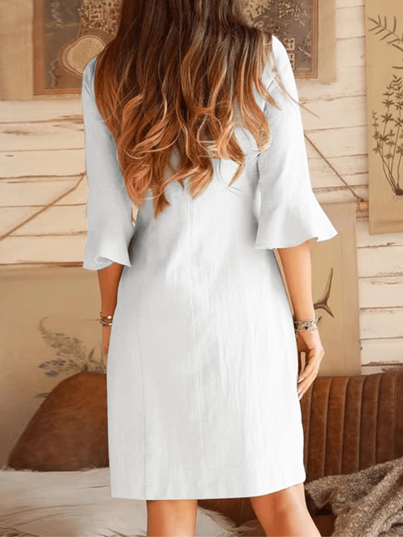 V-Neck Oblique Placket Design Bell Sleeve Casual Dress