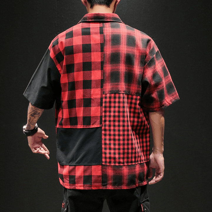 Plaid Shirt Loose Contrast Color Asymmetric Stitching Shirt Jacket