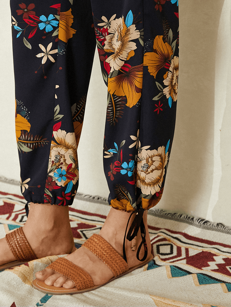 Women Floral Print Bohemian Tie Cuff Pants with Pocket