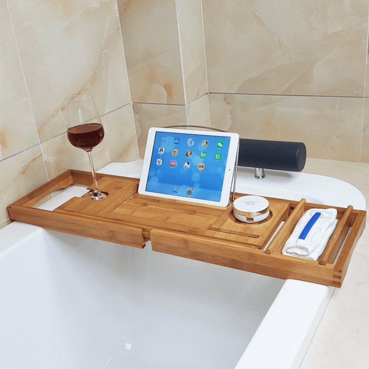 Honana BX-816 Expandable Bamboo Bath Caddy Wine Glass Holder Tray over Bathtub Rack Support Storage