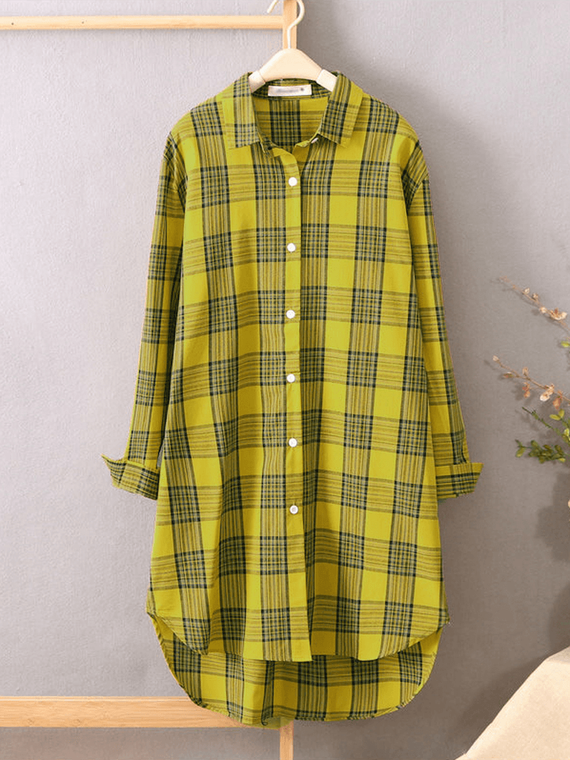 Women Plaid Lapel Collar Long Sleeve Casual Long Shirts