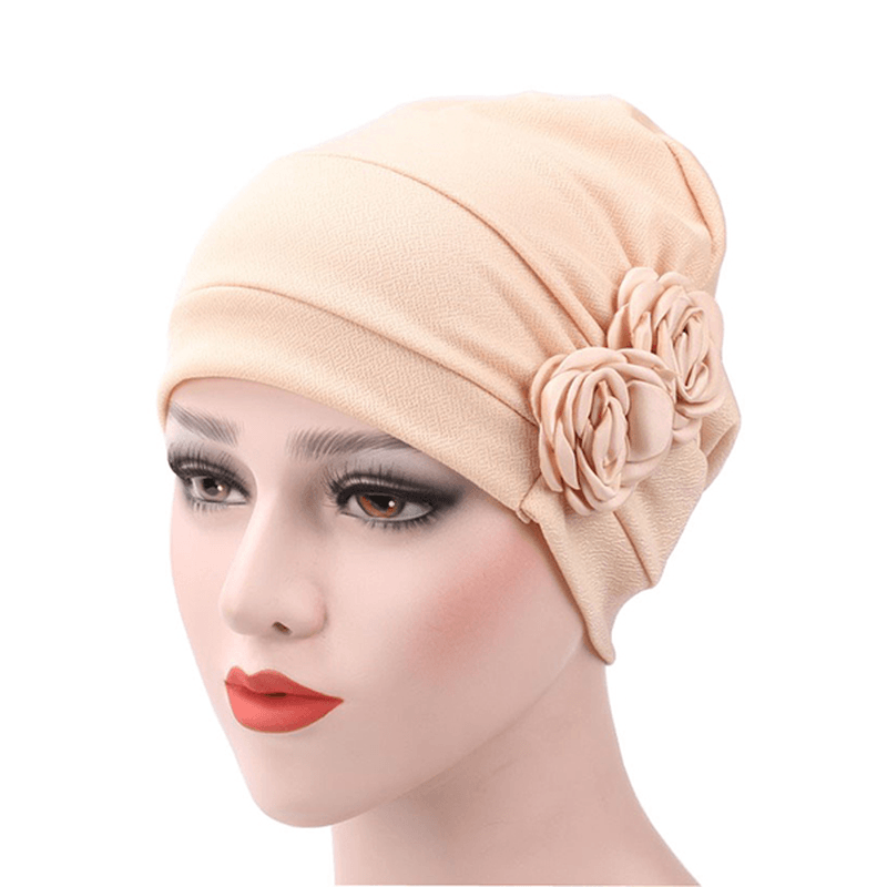 Womens New Side Paste Large Flower Solid Beanie Cap Casual Cotton Outdoor Bonnet Hat