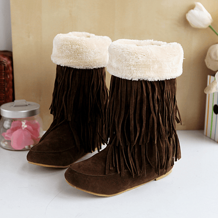 Women Tassel Boots Warm Fluff Flanging Mid-Calf Snow Boots