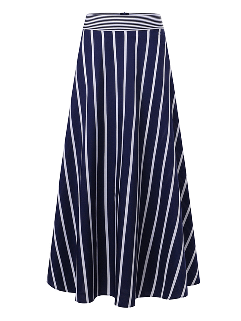 Stripe Print Elastic Waist Back Zipper Leisure Maxi Skirts - MRSLM