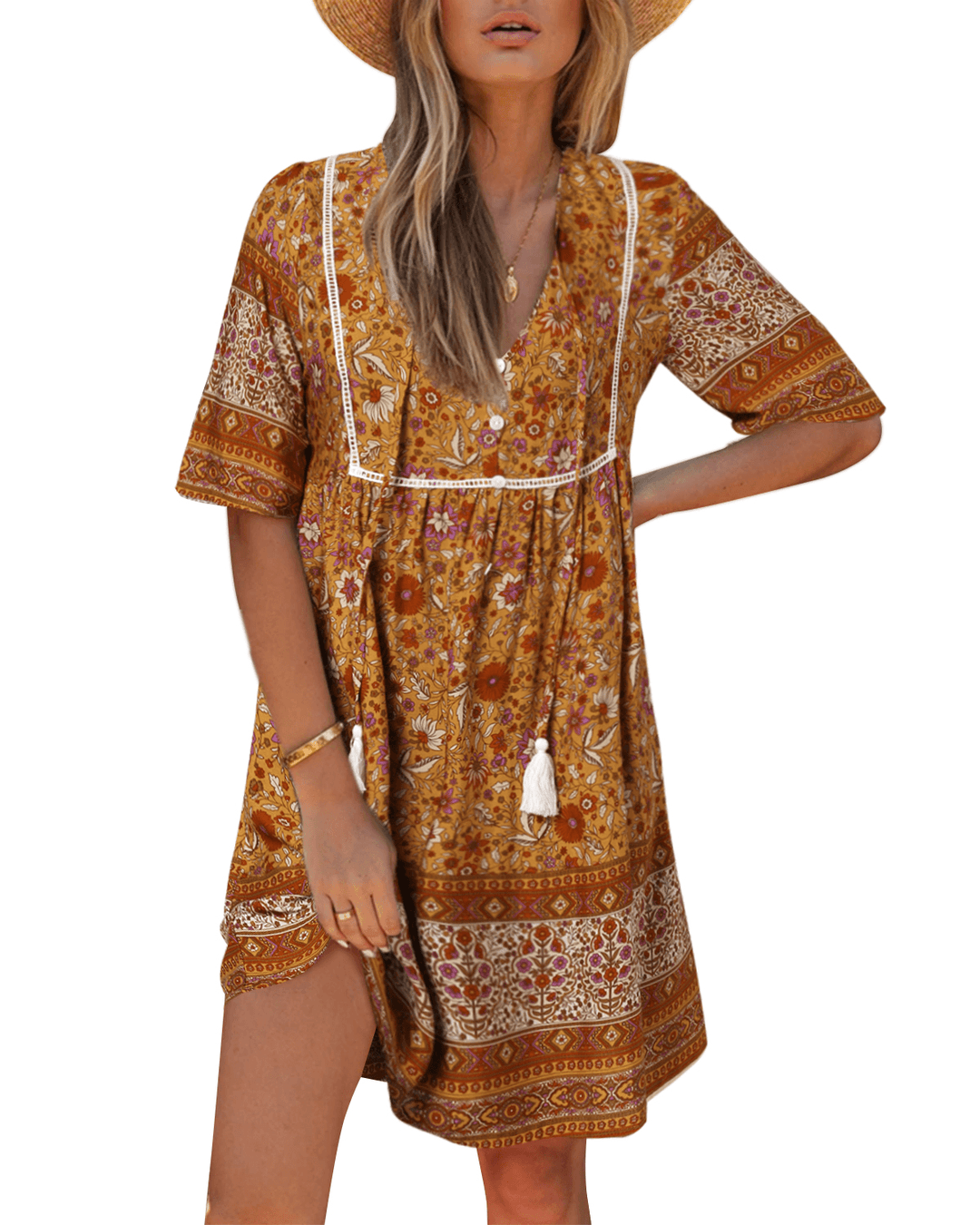 Bohemian Floral Print V-Neck Short Sleeve Mini Dress - MRSLM