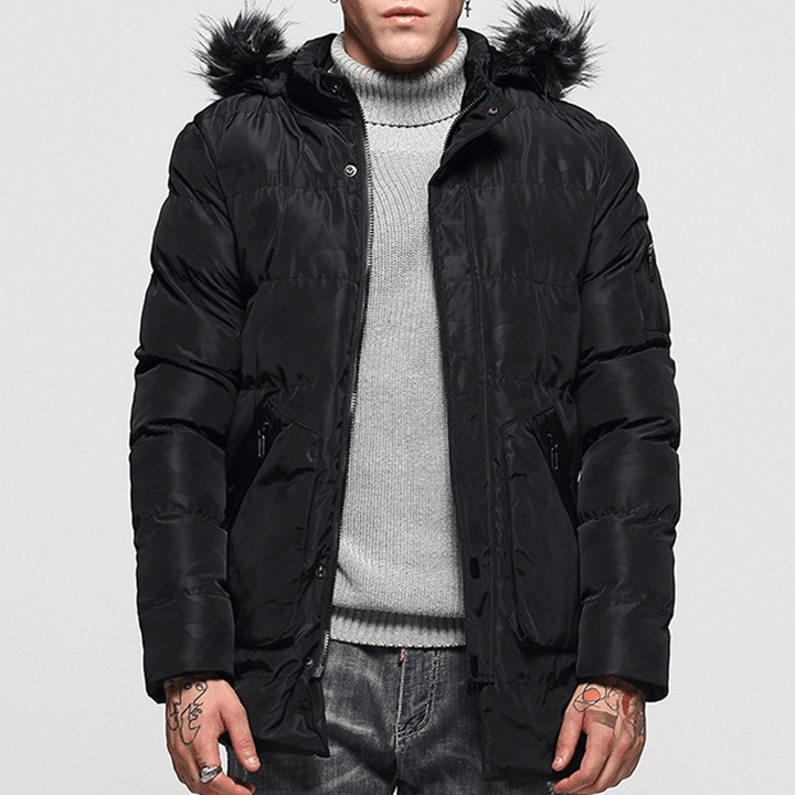 Mens Winter Mid-Long Thick Warm Coat Faux Fur Hooded Parka