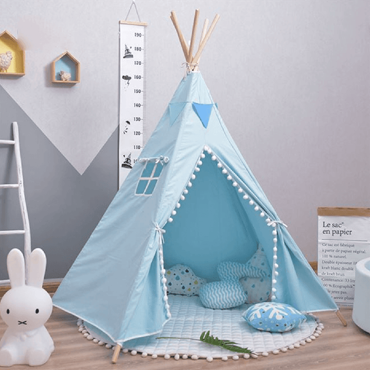 Children Portable Folding Tent Baby Game House with Fur Balls and Curtains Tent for Kid Walking Cushion