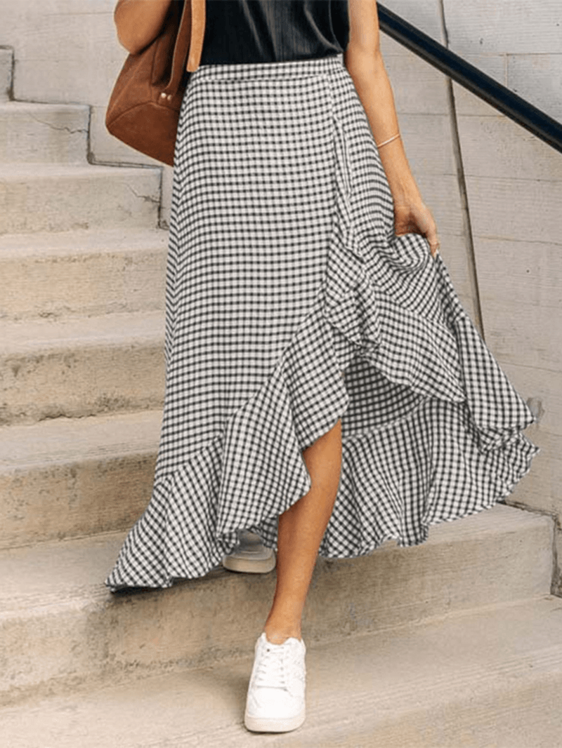 Women Mid-Calf Length Ruffle Pleated Irregular Hem Plaid Splicing Skirt - MRSLM