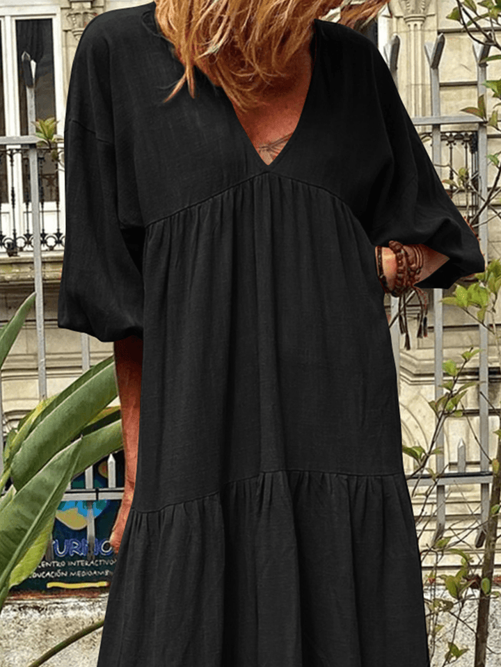 Women V-Neck Cotton Long Sleeve Puff Sleeve Maxi Dresses with Side Pockets