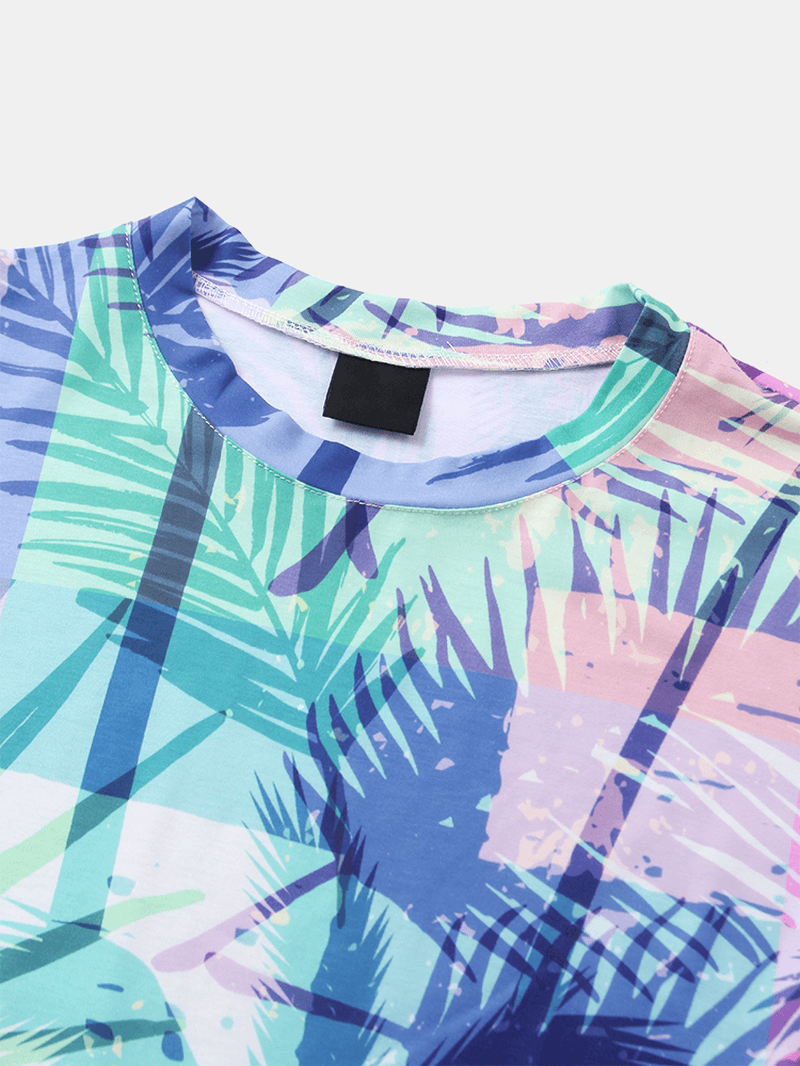 Cotton Mens Colorful Tropical Plant Leaves Print Holiday Short Sleeve T-Shirts