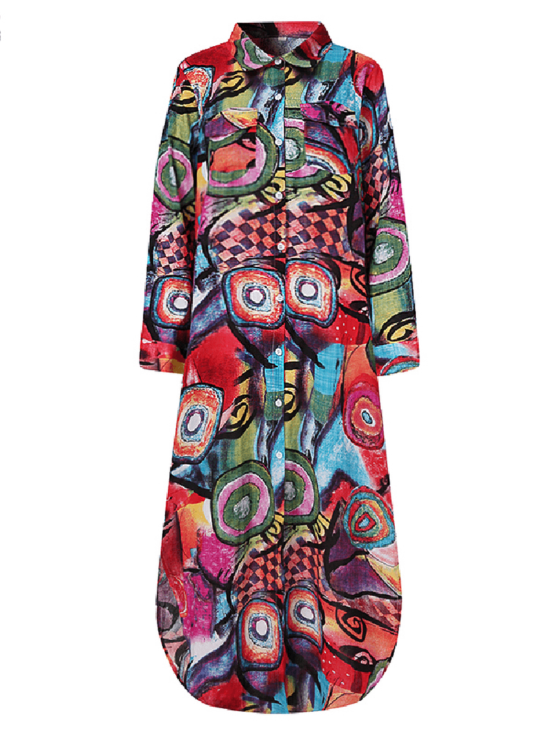 Women Vintage Geometry Print Lapel Long Sleeve Double Pocket Maxi Shirt Dresses