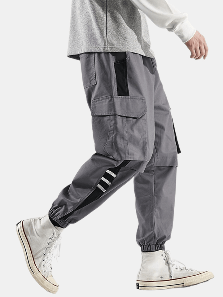 Mens Side Striped Patchwork Cotton Drawstring Cuffed Cargo Jogger Pants