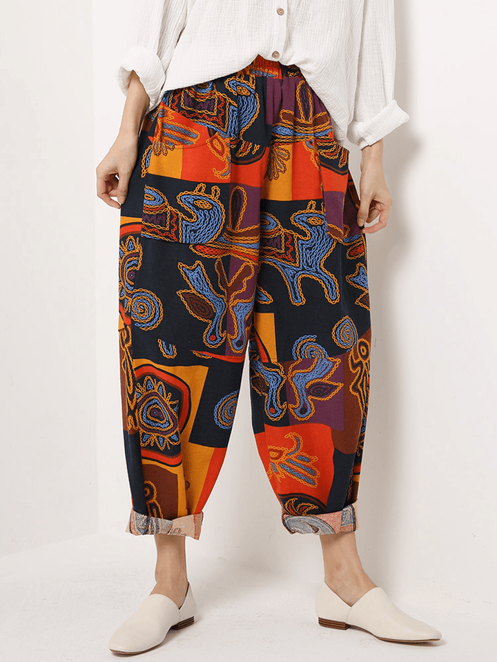 Ethnic Women Floral Print Elastic Waist Pockets Pants