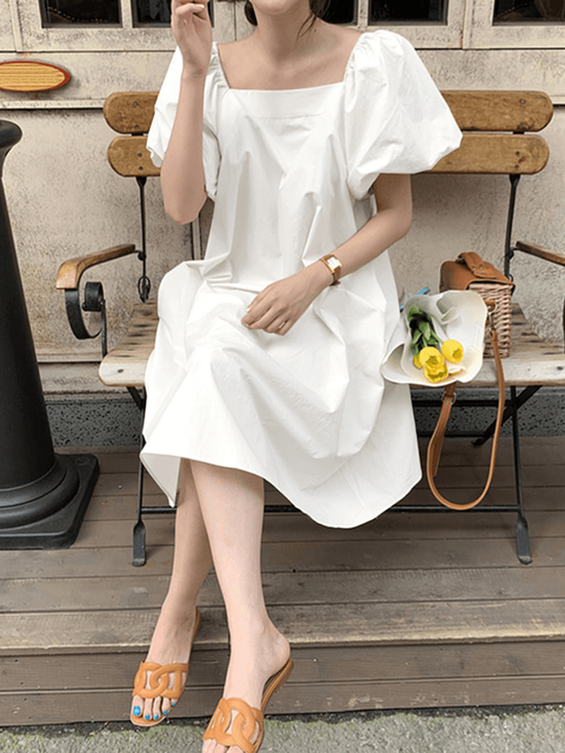 Puff Sleeve Square Collar Plain Solid Color Casual Midi Dress with Pocket