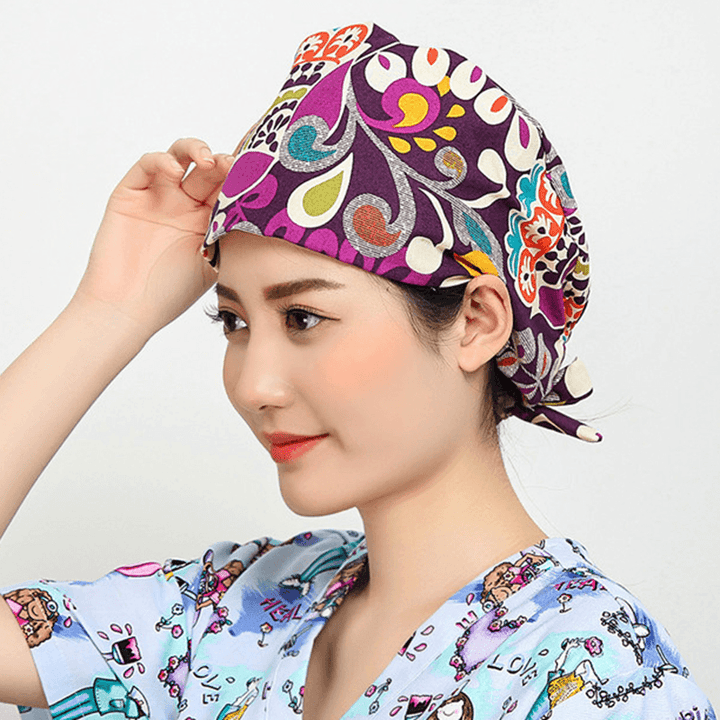 Women Flower Print Cotton Surgical Cap Doctor Nurse Work Hat