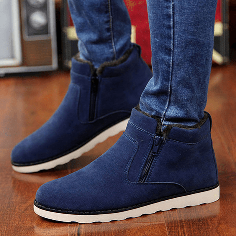 Men Comfortable Side Zipper Warm Fur Lining Suede Ankle Boots