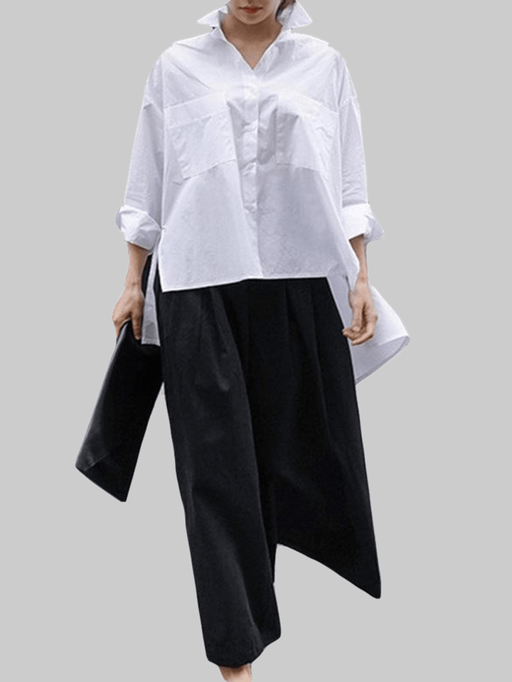 Women's Lapel Pocket Irregular Hem Shirts with Long Sleeves in Solid Colors