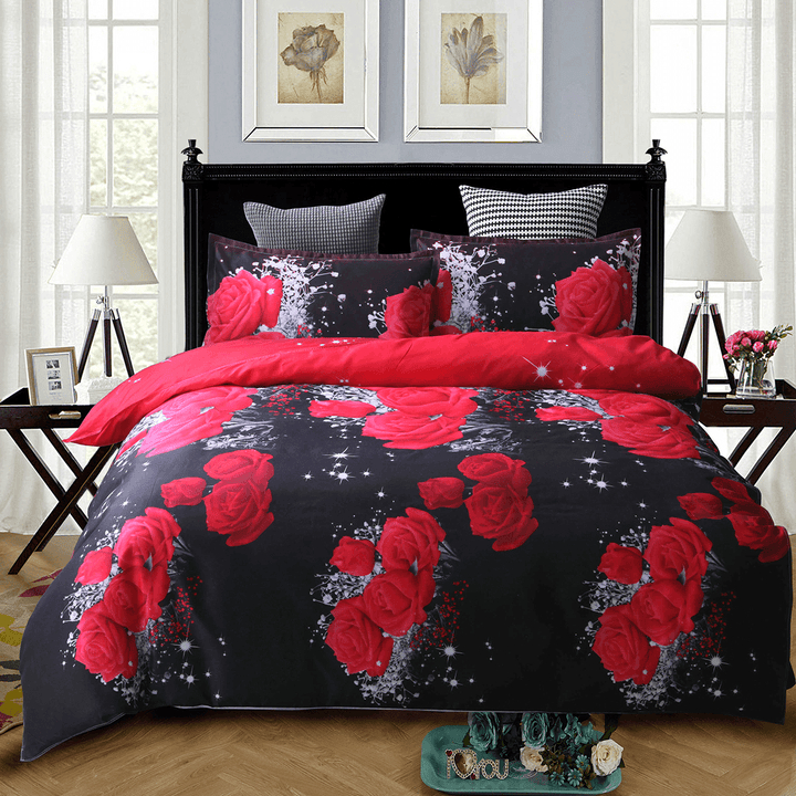 3 PCS Bedding Sets 3D Floral Rose Printing Quilt Cover Pillowcase for Full Size