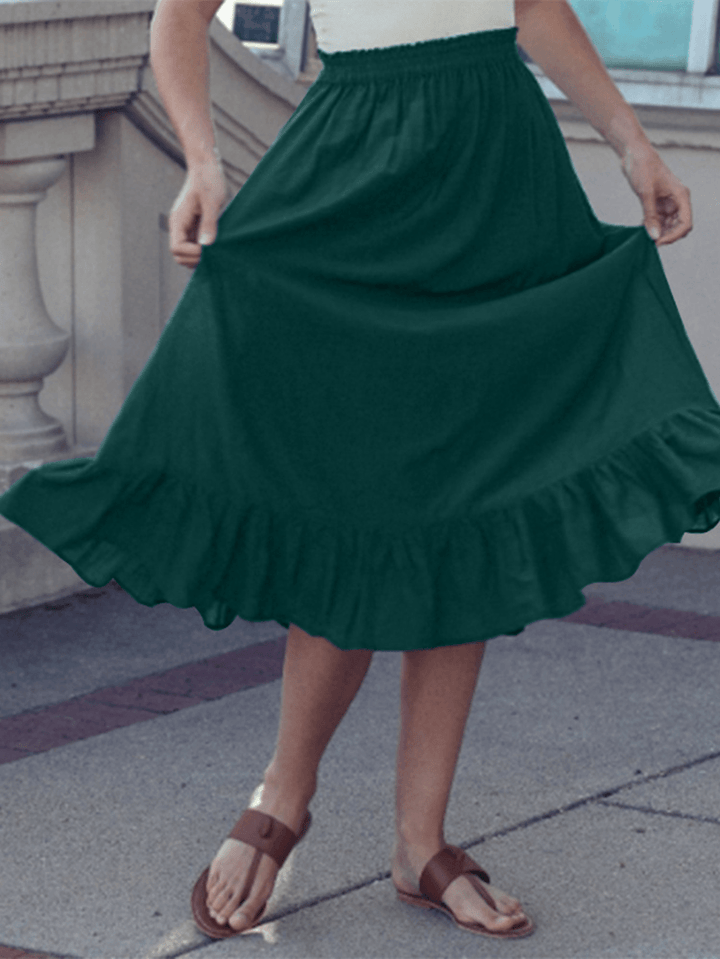 Solid Color A-Line Ruffle Hem Elastic Waist Pleated Casual Skirts for Women