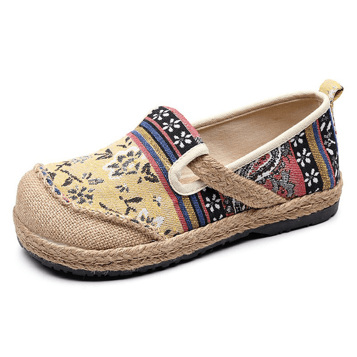 Women Linen Old Peking Printing Stricing Slip on Loafers - MRSLM