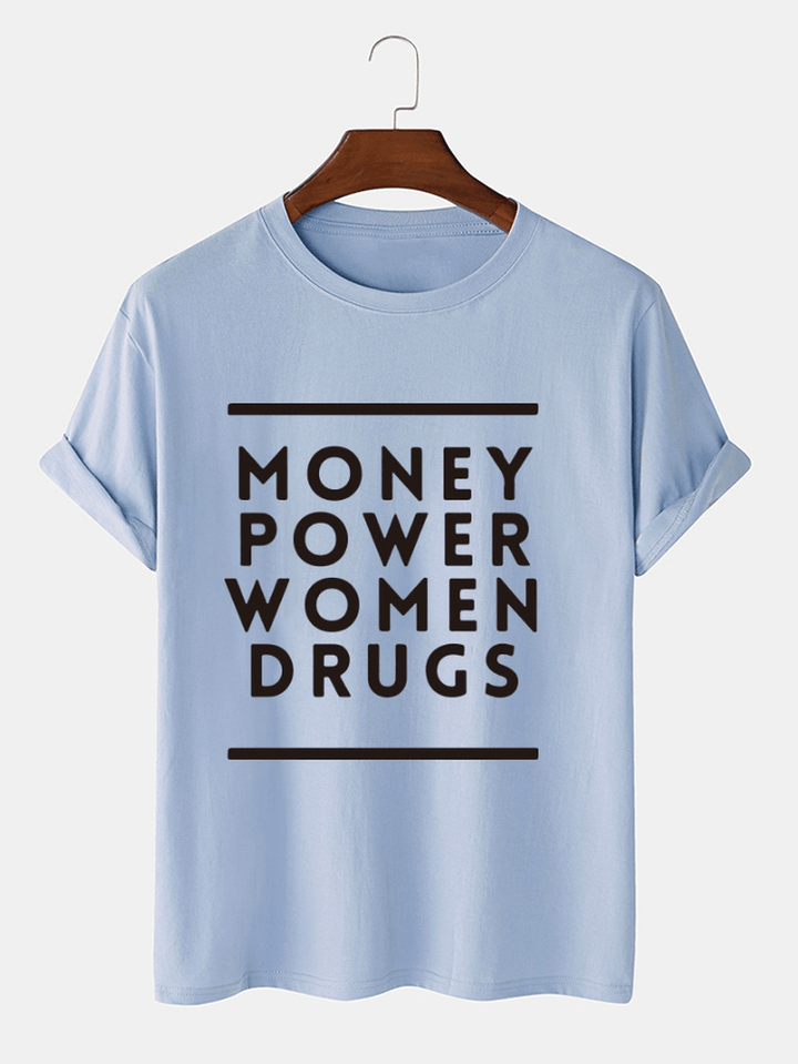 Mens Money Power Letter Print Cotton O-Neck Casual Loose Short Sleeve T-Shirt