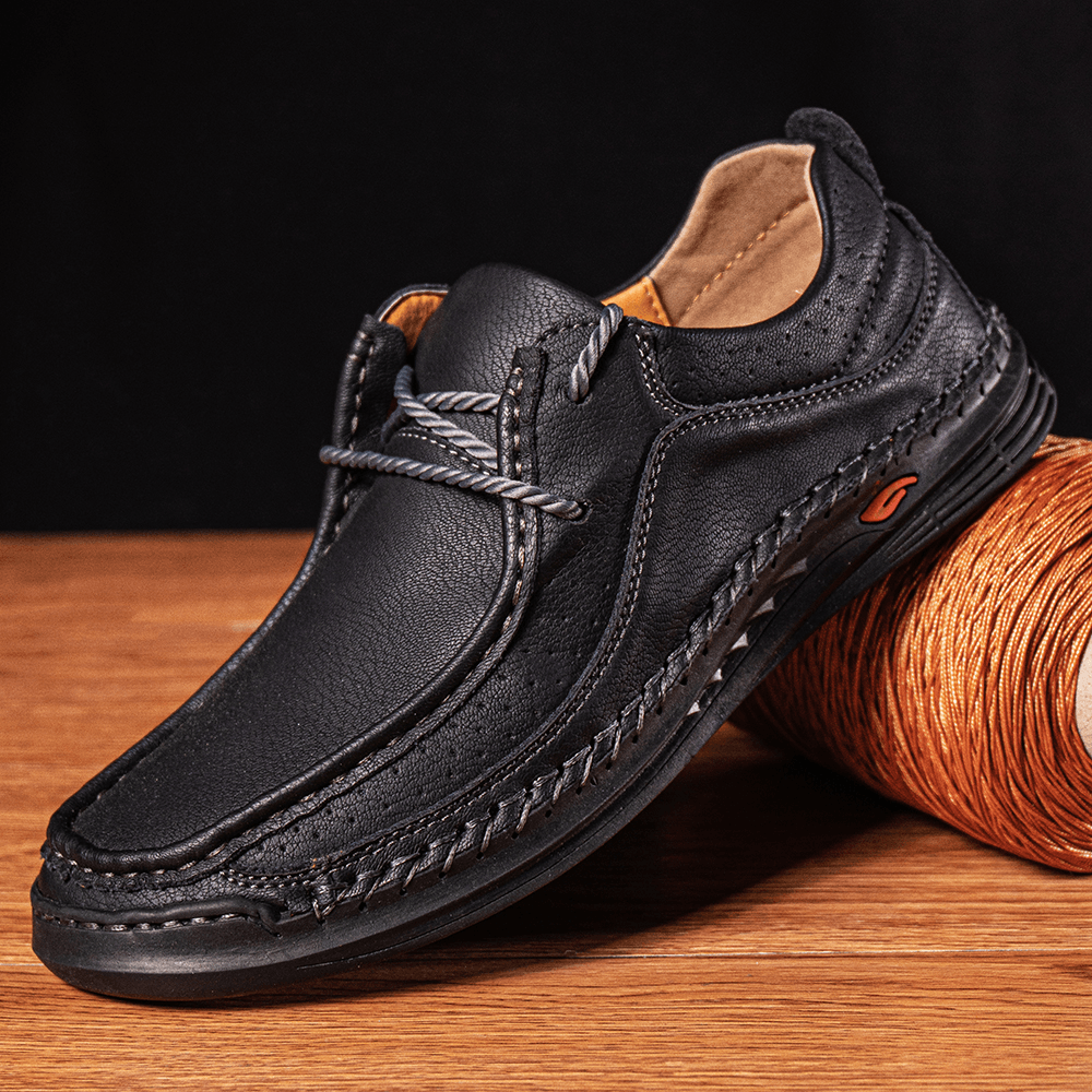 Men Microfiber Leather Hand Stitching Breathable Soft Sole Comfy Brief Solid Casual Shoes