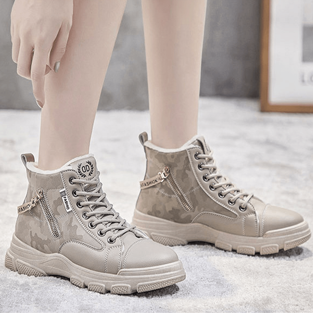 Women Casual Letter Pattern Lace up Zippers Warm Wearable Ankle Sports Court Sneaker Shoes