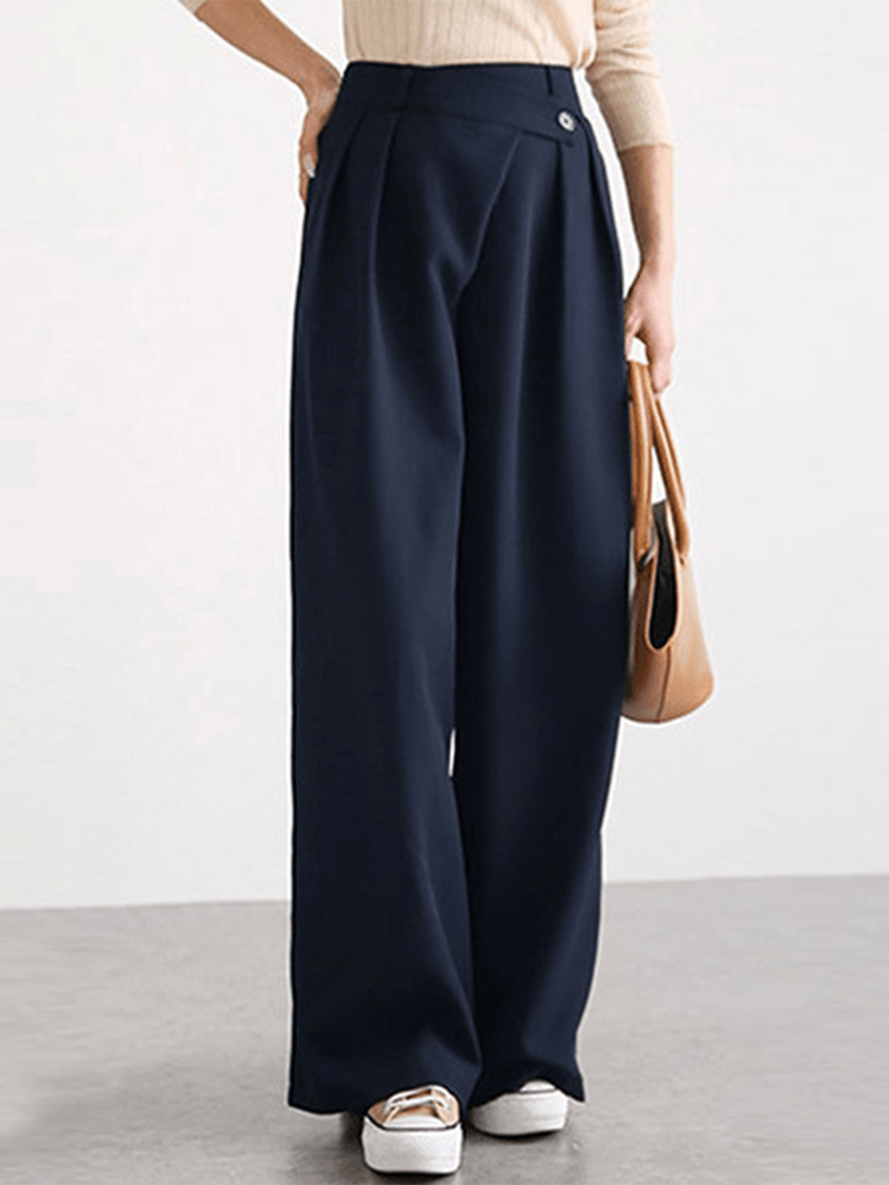 Women Casual Work Cross Button Design Wide Leg Pants - MRSLM