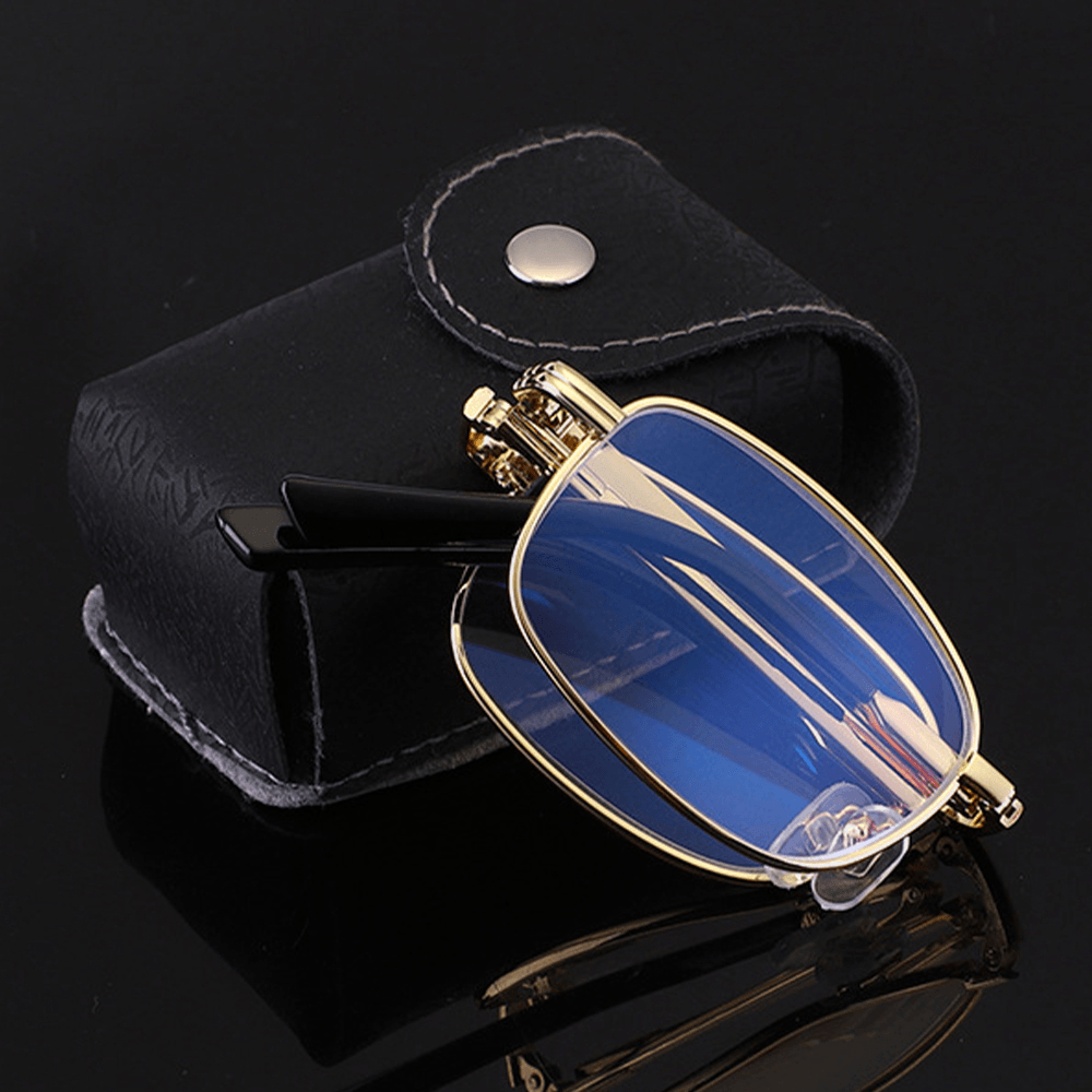 Unisex Portable Full Frame Double Light Myopia Hyperopia Glasses Folding Anti-Blue Reading Glasses with Leather Box