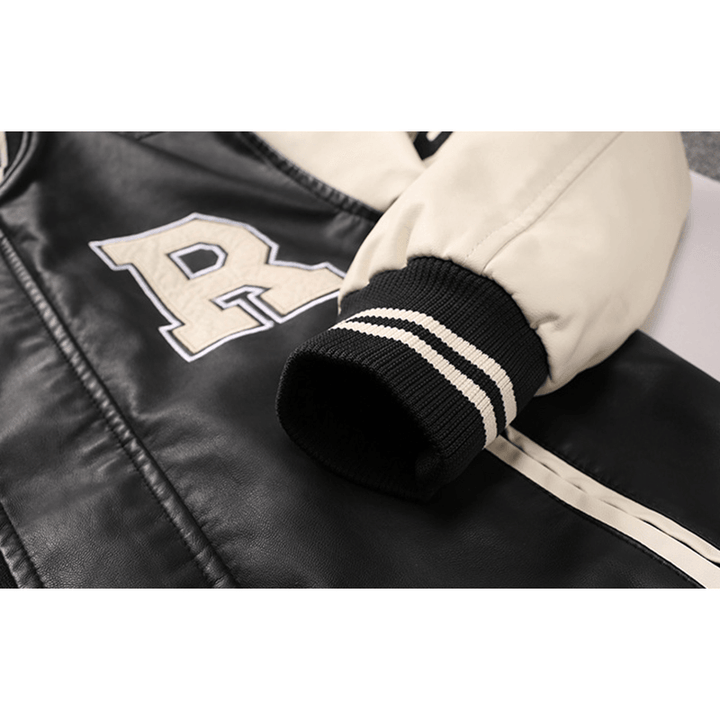 Men'S Motorcycle Style PU Leather Patchwork Badge Decoration Slim Fit Baseball Jacket