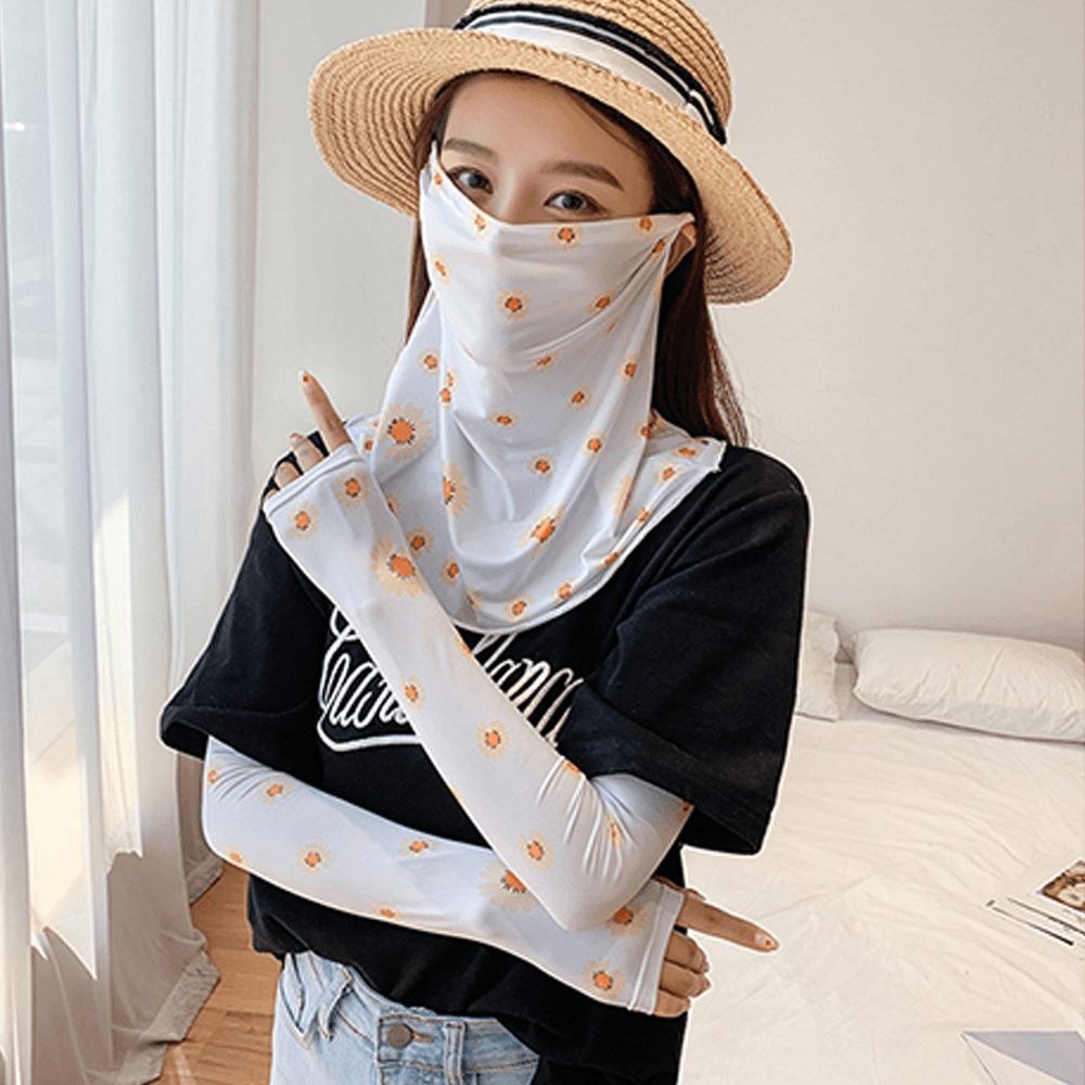 Women Sunscreen Summer Outdoor Ice Silk Hand Sleeve Arm Guard Sleeve Breathable Cover Face Veil Mask