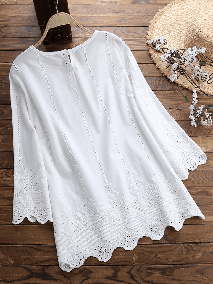 Women Casual Loose Solid Embroidered Blouse